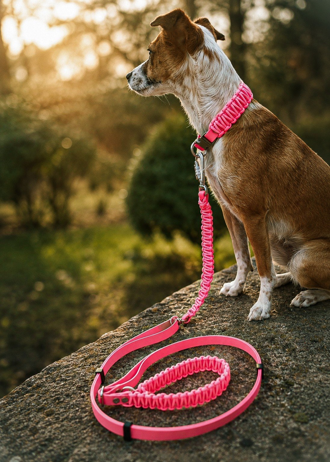 Kundenhund mit pinkem Halsband und Leine